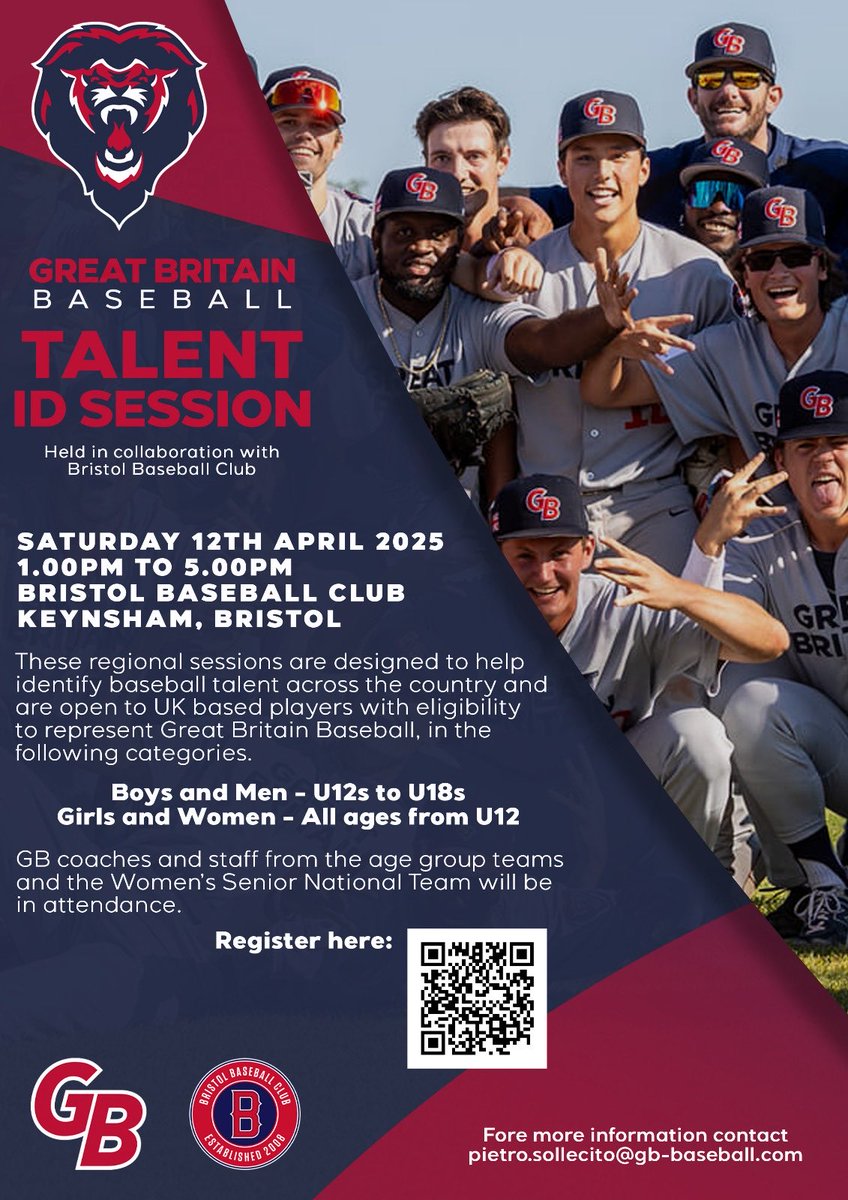 Great Britain Baseball (@gb_baseball) on Twitter photo We are delighted to be at <a href="/BristolBaseball/">Bristol Baseball Club</a> on the 12th April for the second Talent ID Day.
Please use the QR Code to register to attend
#LetsGoGB We are delighted to be at <a href="/BristolBaseball/">Bristol Baseball Club</a> on the 12th April for the second Talent ID Day.
Please use the QR Code to register to attend
#LetsGoGB