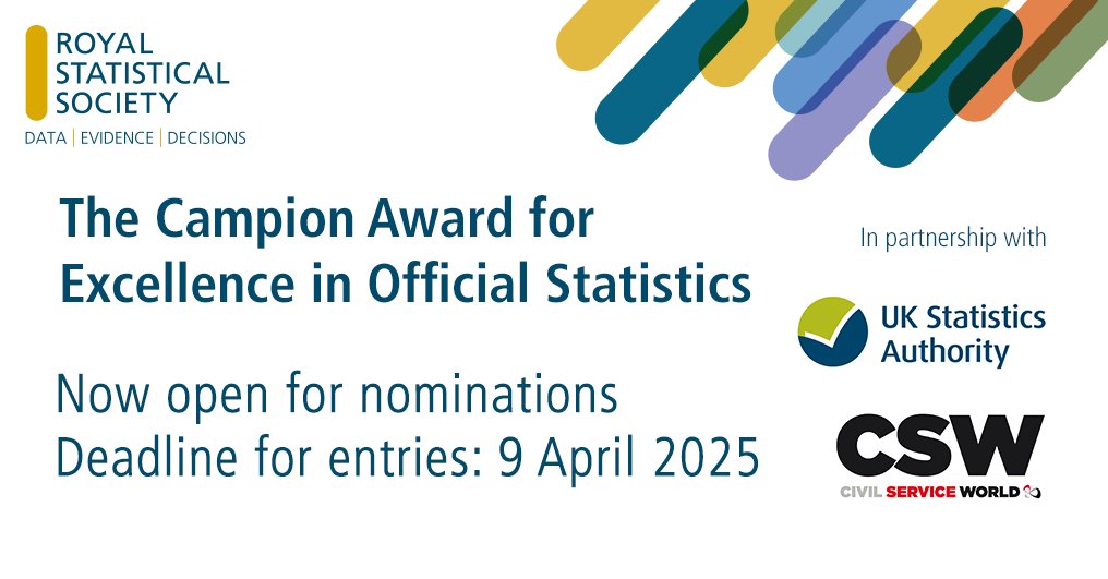 Royal Statistical Society (@royalstatsoc) on Twitter photo We're now accepting entries for this year's Campion Award for Excellence in Official Statistics with <a href="/UKStatsAuth/">UK Statistics Authority</a> & <a href="/CSWnews/">Civil Service World</a>
Celebrating the role official statistics play in answering some of society’s most important questions
Apply by 9 April 👇
rss.org.uk/news-publicati… We're now accepting entries for this year's Campion Award for Excellence in Official Statistics with <a href="/UKStatsAuth/">UK Statistics Authority</a> & <a href="/CSWnews/">Civil Service World</a>
Celebrating the role official statistics play in answering some of society’s most important questions
Apply by 9 April 👇
rss.org.uk/news-publicati…