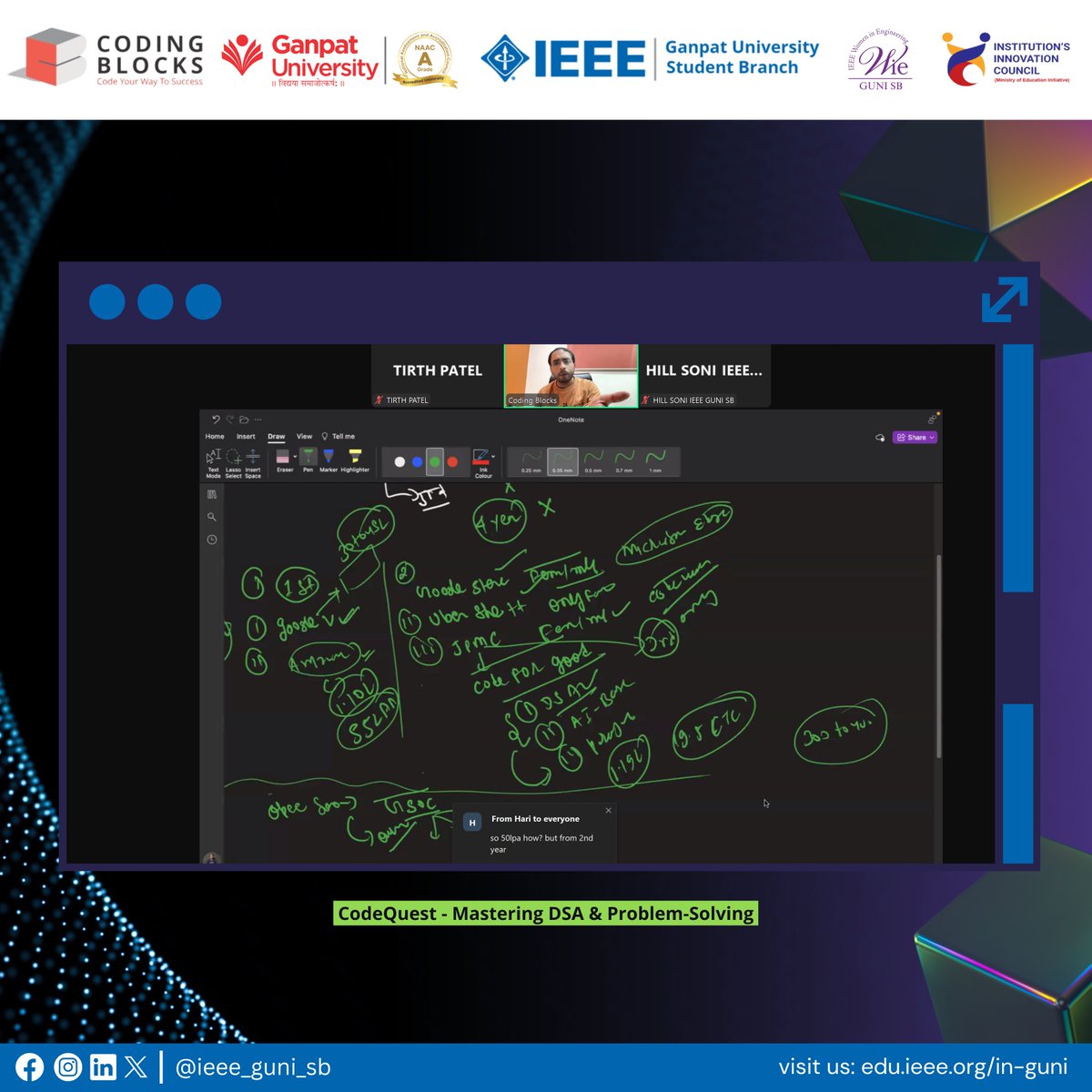 ieee_guni_sb's tweet image. IEEE GUNI SB successfully hosted CodeQuest: Mastering DSA &amp;amp; Problem-Solving with 63+ participants! Led by Monu Kumar, the session provided expert insights into DSA, problem-solving, and interview preparation. Stay tuned for more learning opportunities! 🔥 #IEEEGUNISB #CodeQuest