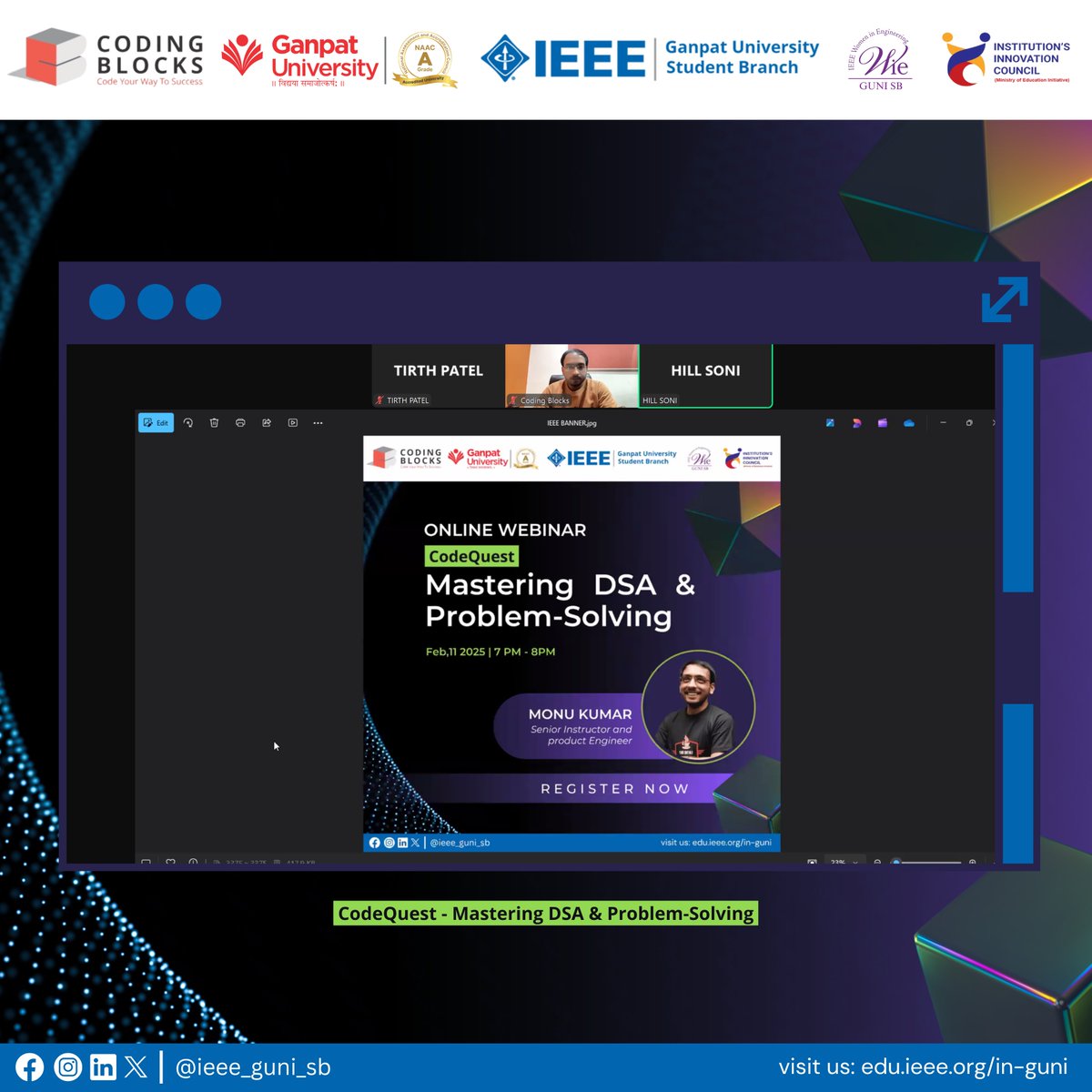 ieee_guni_sb's tweet image. IEEE GUNI SB successfully hosted CodeQuest: Mastering DSA &amp;amp; Problem-Solving with 63+ participants! Led by Monu Kumar, the session provided expert insights into DSA, problem-solving, and interview preparation. Stay tuned for more learning opportunities! 🔥 #IEEEGUNISB #CodeQuest