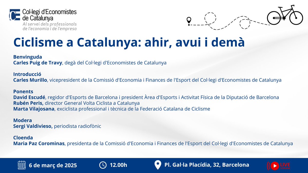Col·legi d'Economistes de Catalunya (@economistescat) on Twitter photo 🚴🏼El ciclisme té una forta arrel a Catalunya. Fomenta la creixent xarxa d’infraestructures que faciliten l’ús de la bicicleta com a mitjà de transport o pràctica esportiva.
👥<a href="/economistescat/">Col·legi d'Economistes de Catalunya</a> organitza una taula rodona per parlar-ne.
No t'ho perdis! tinyurl.com/55kcz7va 🚴🏼El ciclisme té una forta arrel a Catalunya. Fomenta la creixent xarxa d’infraestructures que faciliten l’ús de la bicicleta com a mitjà de transport o pràctica esportiva.
👥<a href="/economistescat/">Col·legi d'Economistes de Catalunya</a> organitza una taula rodona per parlar-ne.
No t'ho perdis! tinyurl.com/55kcz7va