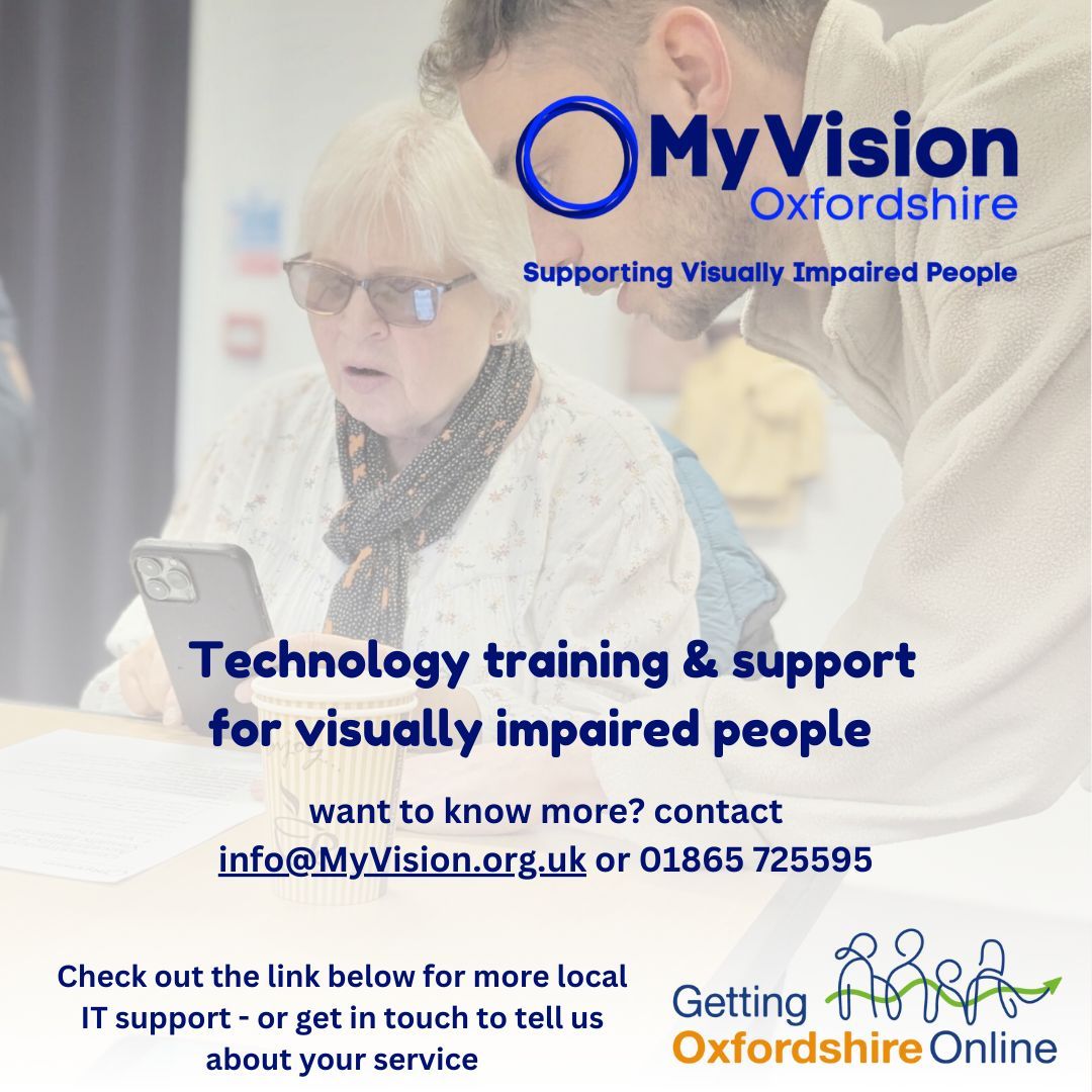 We're pleased to add @myvisionox to our support page on our website at gettingoxfordshireonline.org/get-help/. They offer tech workshops and 1-2-1 sessions to help meet the needs of visually impaired people, from online basics to using assistive technologies 

#digitalinclusion 
<a href="/aspireoxonline/">Aspire Oxford</a>