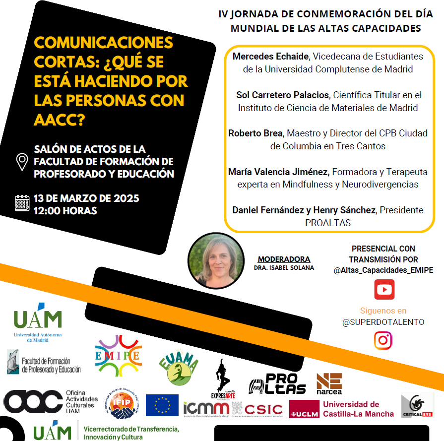 Os invitamos a las comunicaciones de:   
Mercedes Echaide (UCM)
Sol Carretero (ICMM-CSIC)
Roberto Brea (CPB-Columbia); 
María Valencia (Mindfulness y Neurodivergencias)
Daniel Marcos (PROALTAS)
✍️: forms.office.com/e/qPvgRq1Xfn?o………………
<a href="/UAM_Biblioteca/">UAM_Biblioteca</a>
<a href="/UAM_Madrid/">UAM Autónoma Madrid</a>
<a href="/FaculEDUAM/">FACULTAD DE FORMACIÓN DEL PROFESORADO Y EDUCACIÓN</a>
<a href="/UCCUAM/">UCCUAM</a>