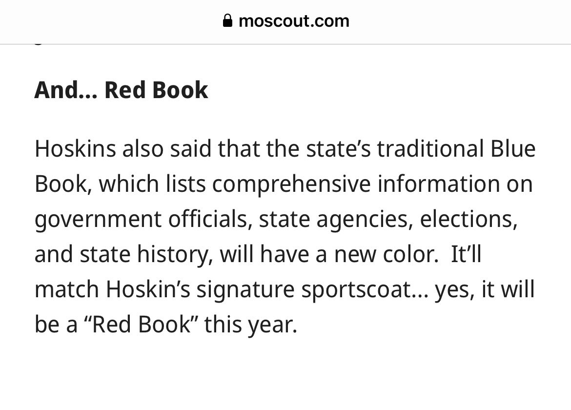 ScottCharton's tweet image. The estimable ⁦@missouriscout⁩ reports new ⁦Missouri SOS @DLHoskins⁩ is going red for the Blue Book. Ample precedent: Long-serving Jimmy Kirkpatrick went green to honor his Irishness; impeached Judi Moriarty, first female SOS, made hers mauve. #mosos #moleg #mosos