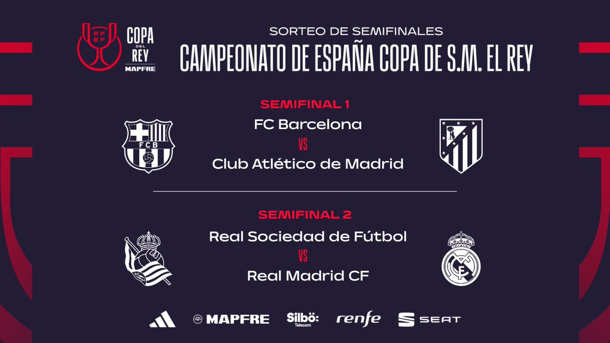 rfef's tweet image. 🚨 𝗢𝗙𝗜𝗖𝗜𝗔𝗟 | ¡¡TENEMOS SEMIFINALES!!

Estos son los cruces, a doble partido, que decidirán qué equipos lucharán por el título en la gran final de la #CopaDelReyMAPFRE.

🗓️ Ida: 25, 26 0 27 de febrero.
🗓️ Vuelta: 1, 2 o 3 de abril.

ℹ️ rfef.es/es/noticias/se…

#LaCopaMola🏆