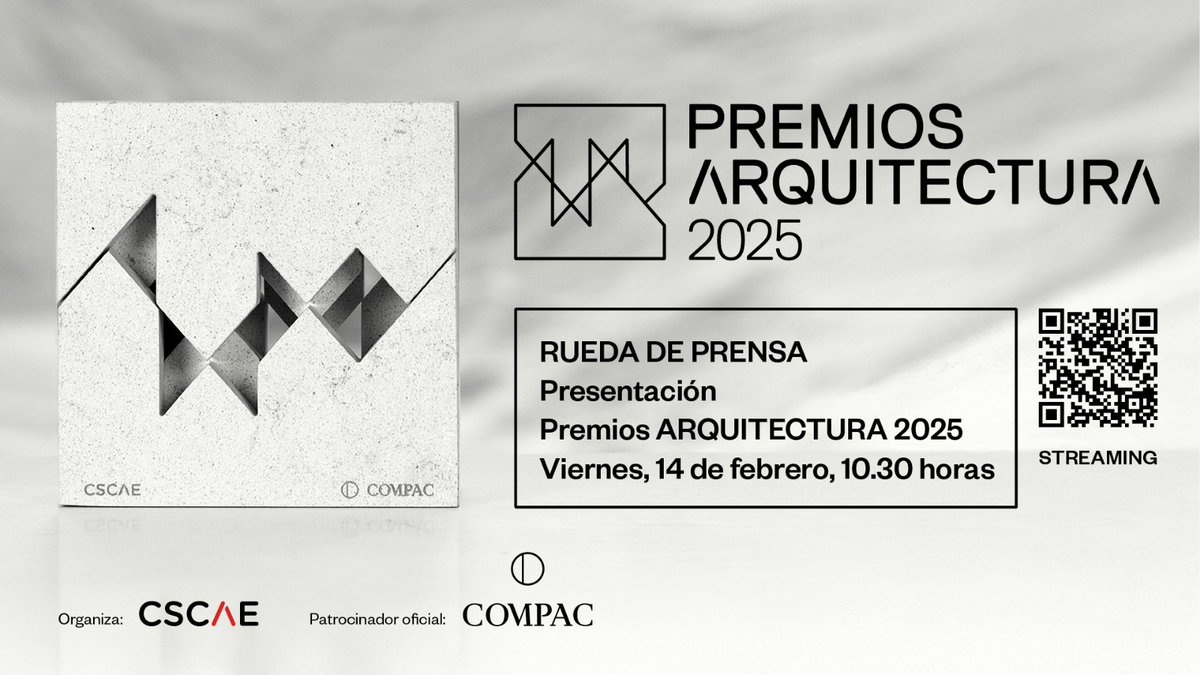 Este VIERNES presentamos en rueda de prensa los #PremiosARQUITECTURA 2025. Organizados por el CSCAE y con el patrocinio oficial de <a href="/COMPACsurfaces/">COMPAC</a>
 
📅14 de febrero
🕛10:30 h

Todos los detalles en:
cscae.com/index.php/cono…