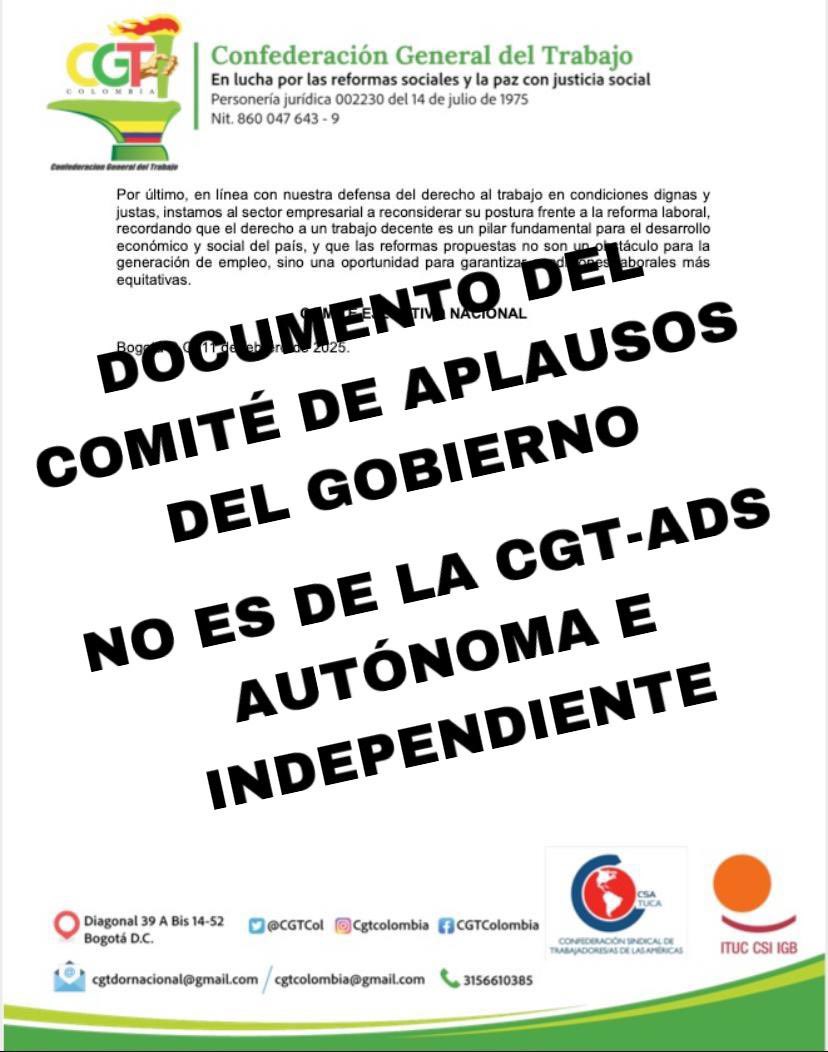 La Cgt que dice representar el señor Precy Oyola es una minoría del sector estatal que no representa ni tiene nada que ver con la única, autónoma e independiente <a href="/CGT_ADS/">@CGT_AUTONOMA</a> representada por nuestro presidente JORGE IVÁN DIEZ VELEZ
No se dejen engañar
<a href="/JorgeDiezCGT/">Jorge Ivan Diez Velez</a> <a href="/BurchardtMeloFA/">Francisco Burchardt Melo</a>
