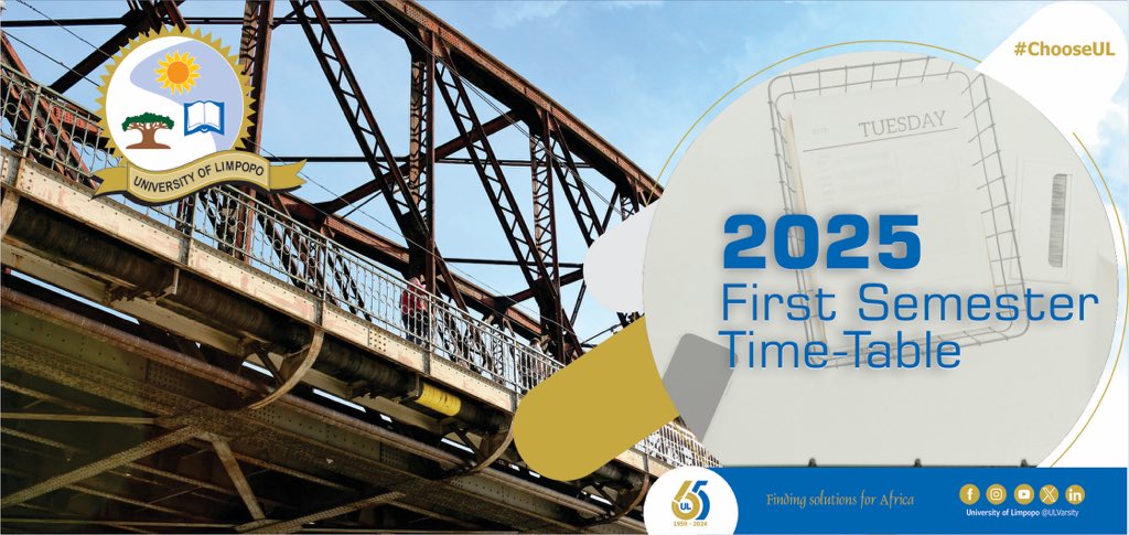 ULvarsity's tweet image. 𝐅𝐢𝐫𝐬𝐭 𝐒𝐞𝐦𝐞𝐬𝐭𝐞𝐫 𝐓𝐢𝐦𝐞-𝐓𝐚𝐛𝐥𝐞

The University of Limpopo wishes all students great success this semester! Make sure to stay on track by checking the First Semester Time Table: ul.ac.za/wp-content/upl…
#Orientation2025 #ChooseUL #IAmUL