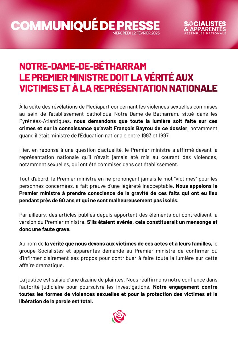 Suite aux révélations sur les violences sexuelles commises au sein de l’établissement Notre-Dame-de-Bétharram, nous demandons que toute la lumière soit faite.

Le Premier ministre doit la vérité aux victimes et à la représentation nationale.

→ parti-socialiste.fr/notre_dame_de_…