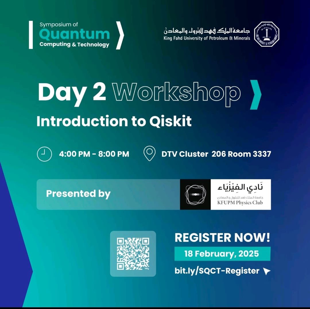 KFUPM Physics Club (@physclubkfupm) on Twitter photo Join us for an exciting Introduction to Qiskit workshop at the Quantum Computing & Technology Symposium! 🚀
Delivered by <a href="/1Rayyanreda/">Rayyan Reda..</a> , this session is perfect for anyone looking to explore quantum programming with Qiskit. Don’t miss out!
#QuantumComputing #Qiskit #KFUPM Join us for an exciting Introduction to Qiskit workshop at the Quantum Computing & Technology Symposium! 🚀
Delivered by <a href="/1Rayyanreda/">Rayyan Reda..</a> , this session is perfect for anyone looking to explore quantum programming with Qiskit. Don’t miss out!
#QuantumComputing #Qiskit #KFUPM