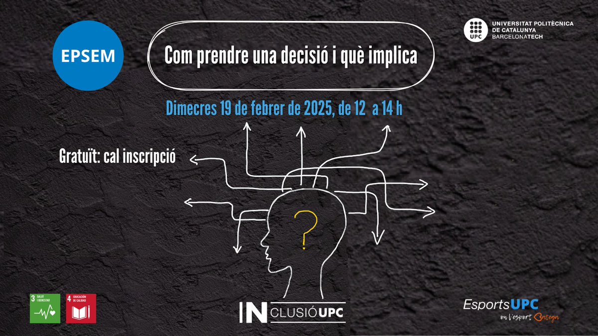 UPC Manresa (@upcmanresa) on Twitter photo Cuida el teu benestar emocional!
📅 19 de febrer | 🕛 12 a 14 h | 📍 Sala de juntes UPC Manresa
🔹 Com prendre una decisió i què implica
🔗 Inscripcions 👉epsem.upc.edu/ca/esdevenimen…
<a href="/EsportsUPC/">Servei d'Esports UPC</a> #inclusioUPC
#BenestarUPC #UPCManresa Cuida el teu benestar emocional!
📅 19 de febrer | 🕛 12 a 14 h | 📍 Sala de juntes UPC Manresa
🔹 Com prendre una decisió i què implica
🔗 Inscripcions 👉epsem.upc.edu/ca/esdevenimen…
<a href="/EsportsUPC/">Servei d'Esports UPC</a> #inclusioUPC
#BenestarUPC #UPCManresa