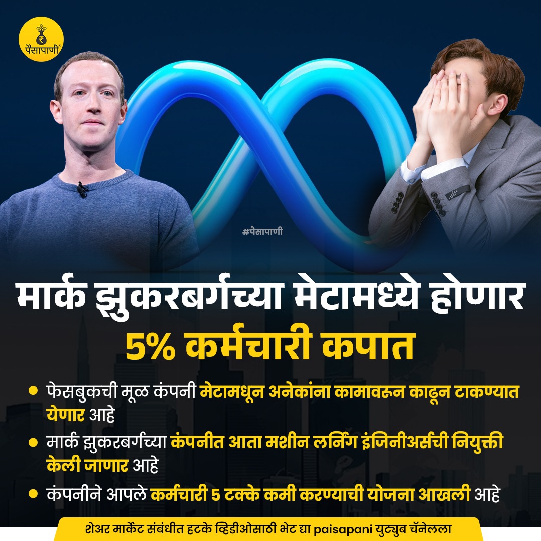 PaisaPani's tweet photo. मेटा करणार 5 टक्के कर्मचारी कपात!
#meta #markzuckerberg #zukerberg #corporate #staffreduction #Informative #finance #Marathi #paisapani #म #मराठी https://t.co/Zw2GIBRCFe