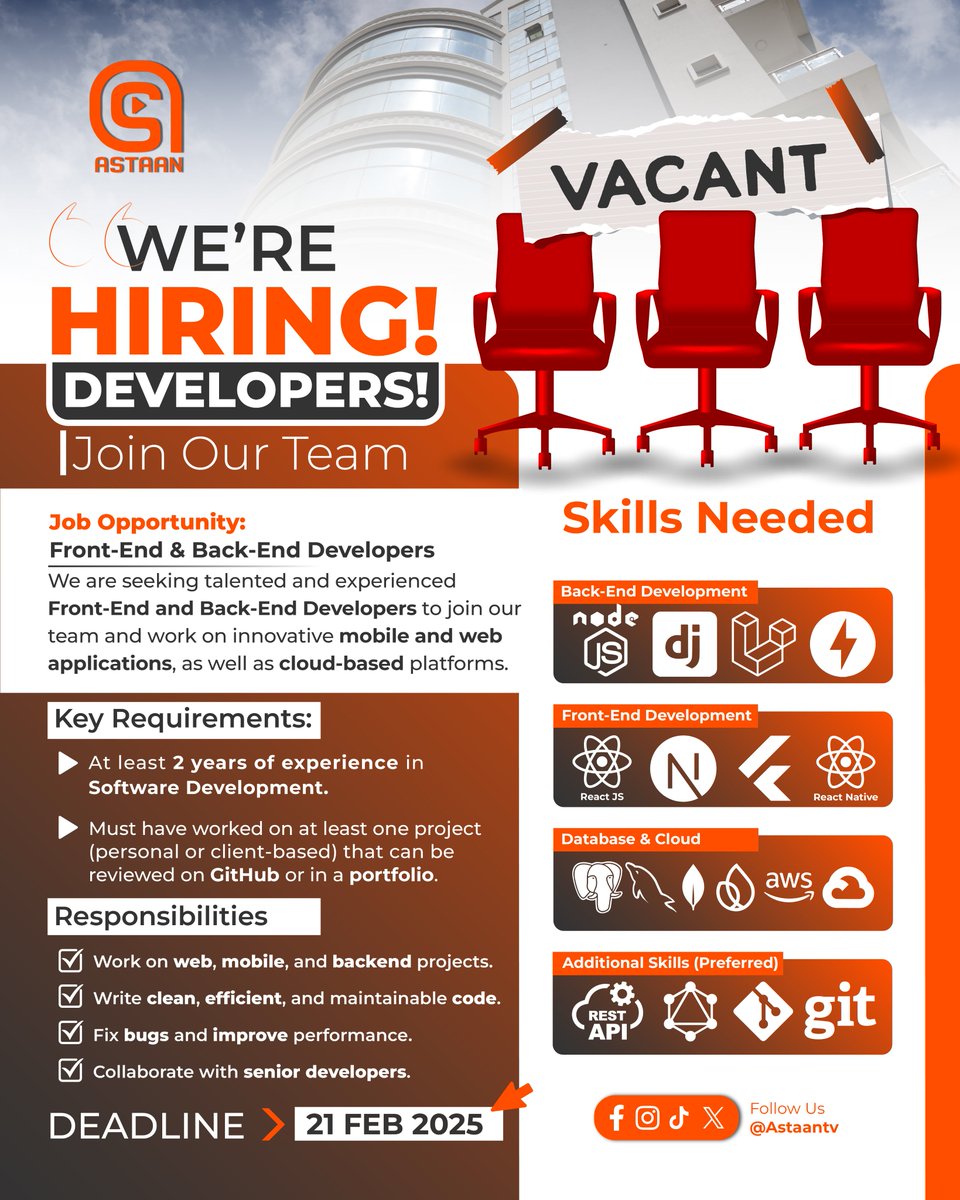 Shaqo bannaan.
Waxaan raadineynaa xirfadlayaal karti u leh horumarinta dhamaadka  Frontend iyo Backend si ay ugu soo biiraan kooxdeenna.
Shuruudaha.
• Ugu yaraan 2 sano oo waayo-aragnimo ah horumarinta software.
• Waa in uu ka soo shaqeeyay ugu yaraan hal mashruuc
Haddii aad