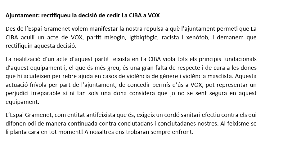 Recapaciteu <a href="/scgramenet/">Aj. Sta. Coloma Gram</a>, <a href="/MireiaG_S/">Mireia González Sáez</a>, <a href="/Brbra8/">Bàrbara Ferrer Escobar</a>! 
És incompatible <a href="/la_ciba/">La CIBA</a> com espai segur per a les dones si <a href="/VoxSantaColoma/">VOX Santa Coloma de Gramenet</a>, partit misogin, lgtbigfobic, racista i xenòfob, té via lliure a l'equipament.
El comunicat de l'<a href="/EspaiGramenet1/">@EspaiGramenet</a>
ho expressa clarament.
#Stopfeixisme