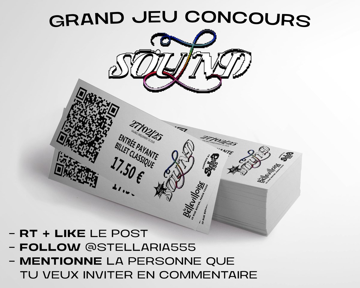 Stellaria555's tweet photo. CONCOURS 🎟️ 

Gagnes ta place pour toi et ton pote pour SOU(L)ND le 27/02 avec Gemroz, 09peas, Darkromuald, Lunar, Ambiancetrange, Saszza, Arlen Grace, Fyoum et Nonst0pp !

Modalités en dessous ⬇️

D'autres places à gagner sur Instagram et sur notre discord ! (Lien en dessous) https://t.co/bEQnR30986