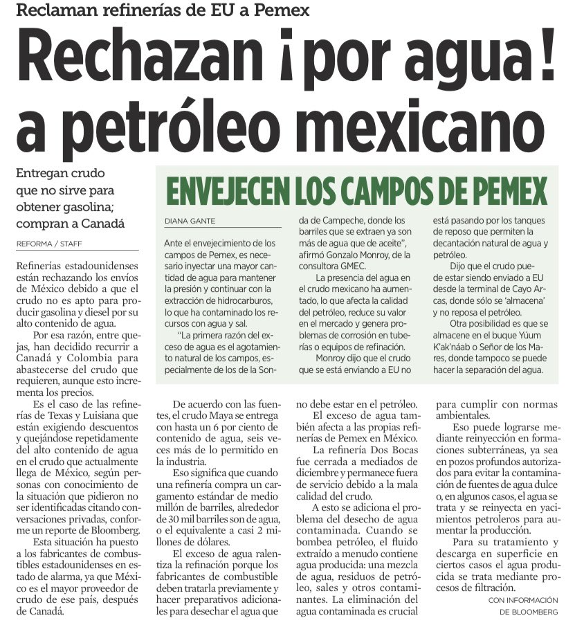 bereaguilarv's tweet photo. “¿De cuándo acá se requiere tanta ciencia para extraer petróleo? No tiene mucha ciencia, no se requiere tanta tecnología”. 👇

Refinerías estadounidenses están rechazando los envíos de México porque el crudo no es apto para producir gasolina y diesel por su alto contenido de agua. 

Y ahora le están comprando a Canadá y a Colombia.