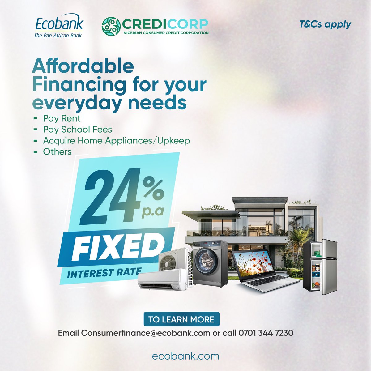 ecobank_nigeria's tweet image. Handle life’s essentials with ease! ✅✨

We offer affordable financing to help you stay on top of your needs. No stress, no delays—just the support you need, when you need it.

Apply today and make life easier!

Terms and conditions apply.

#StressFreeLiving
#EasyFinancing