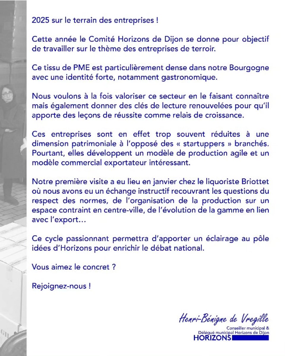 Édito 5 📝 Sur le terrain des entreprises : Cette année, le comité <a href="/HorizonsLeParti/">Horizons</a> de Dijon se donne pour objectif de travailler sur le thème des entreprises du terroir !
#Terroir #Entreprise #Richesse