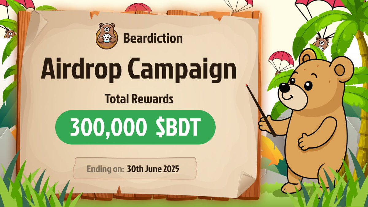 🪂  Join: [Airdrop Bot] (t.me/BeardictionAir…)
300,000 $BDT (~$300,000) to win!  
🏆 100 $BDT (~$100) for 2,500 random winners  
🏆 Top 50 referrals: 1,000 $BDT each  
⏱️ Ends: 30th June 2025  
🪂 Rewards: 4th July 2025  
📌 Tasks: Join, follow, repost, stay active!