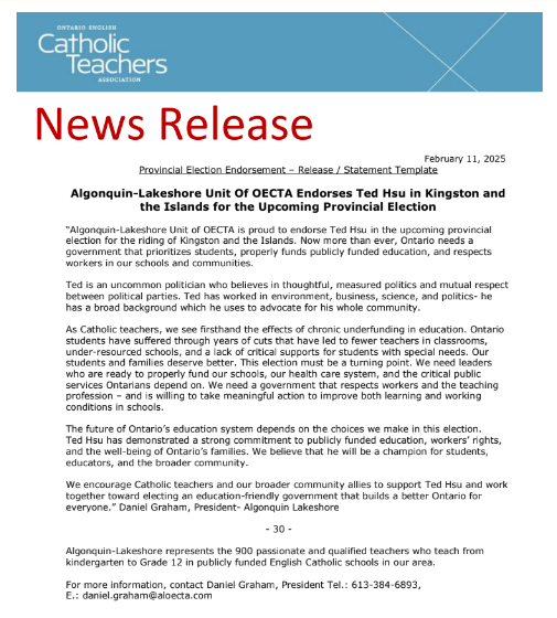 I am proud to receive the endorsement of <a href="/OECTAProv/">Catholic Teachers</a> in Kingston and the Islands! Under <a href="/fordnation/">Doug Ford</a>, children’s learning outcomes have suffered: classroom sizes have grown, learning gaps have widened, and students are not getting the support they need. It's time to fix this.