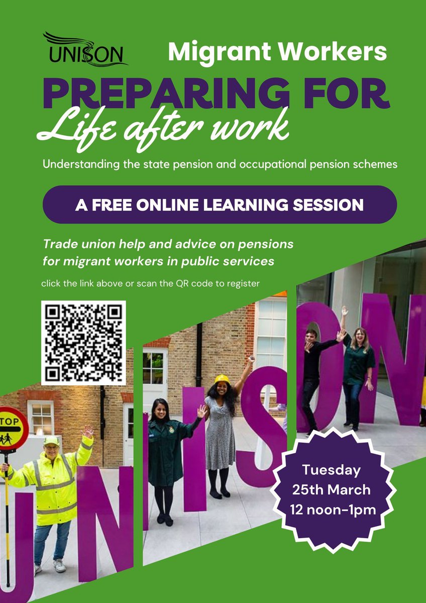 Overseas, international or migrant worker? Want to know more about pension schemes and your rights? Sign up for a session run by colleagues from UNISON's Pension Unit to find out more! buff.ly/3CO03LO