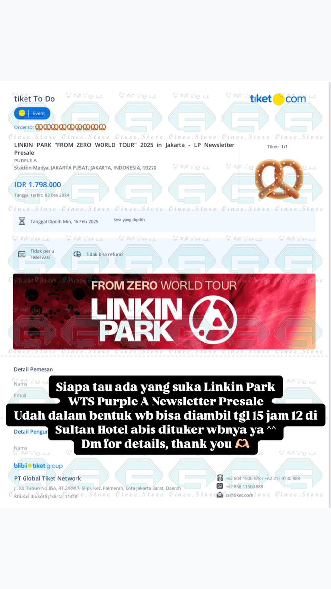WTS Want To Sell Linkin Park World Tour 2025 in Jakarta - Purple A LP Newsletter Presale

IDR 1,500,000

Ketemu habis tuker WB tgl 15 jam 12 di Sultan
DP 500,000

Dm for details, thank you 🫶🏻