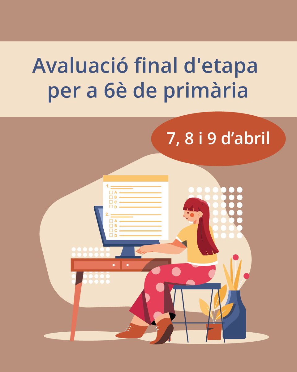 L'avaluació final d'etapa per a 6è de primària es durà a terme els dies 7, 8 i 9 d'abril. Consulteu el procediment i el calendari al següent enllaç 👇

📅  7, 8 i 9 d'abril

🔗 ow.ly/6Yp850UPh0N

#AlsCentres