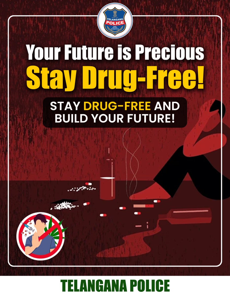 TelanganaCOPs's tweet photo. Addiction destroys dreams, careers, and families. Don’t let #drugs take away what you’ve worked for.
#DrugFreeTelangana #SaveYourFuture #SayNoToDrugs #TelanganaPolice https://t.co/0DR7eTzjZi