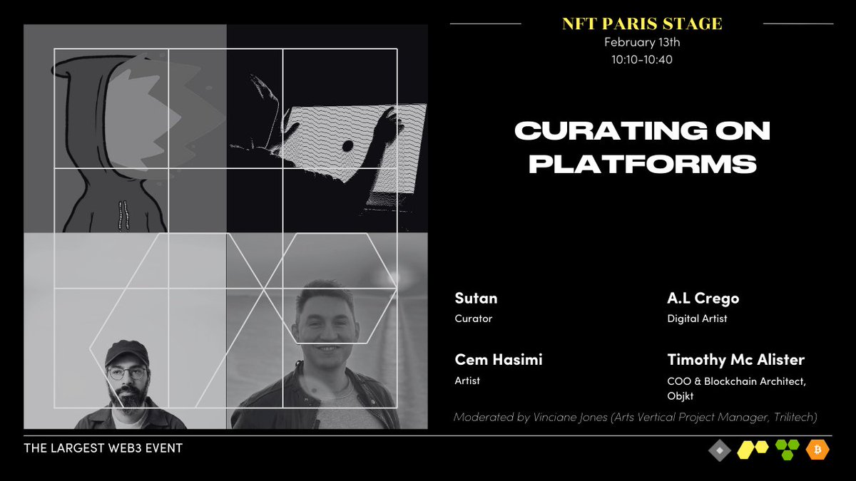 NFT Paris (@nft_paris) on Twitter photo NFT Paris Panel Spotlight
"Curating on Platforms"
With:
- <a href="/sutanz/">🔥 • sutan // 💈</a>, Curator
- <a href="/ALCrego_/">A. L. Crego</a>, Artist
- <a href="/cemhah/">Cemhah</a>, Artist
- Timothy Mc Alister (<a href="/NFTPROTECTOR/">NFT PROTECTOR</a>), COO & Blockchain Architect at <a href="/objktcom/">objkt</a>
Moderated by <a href="/vinciane_j/">Vinciane Jones</a> NFT Paris Panel Spotlight
"Curating on Platforms"
With:
- <a href="/sutanz/">🔥 • sutan // 💈</a>, Curator
- <a href="/ALCrego_/">A. L. Crego</a>, Artist
- <a href="/cemhah/">Cemhah</a>, Artist
- Timothy Mc Alister (<a href="/NFTPROTECTOR/">NFT PROTECTOR</a>), COO & Blockchain Architect at <a href="/objktcom/">objkt</a>
Moderated by <a href="/vinciane_j/">Vinciane Jones</a>