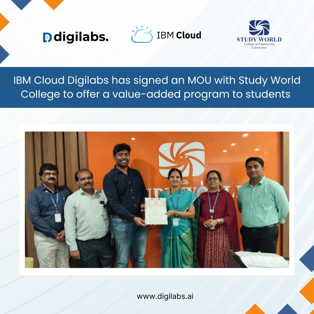 DigiLabs_'s tweet image. IBM Cloud Digilabs has joined forces with Study World College of Engineering in Coimbatore to offer a value-added program for students. 

#IBMCloud #Digilabs #Education #Partnership #Coimbatore #Engineering #SkillsDevelopment #ValueAdded #HigherEducation #India #MOU #StudyWorld