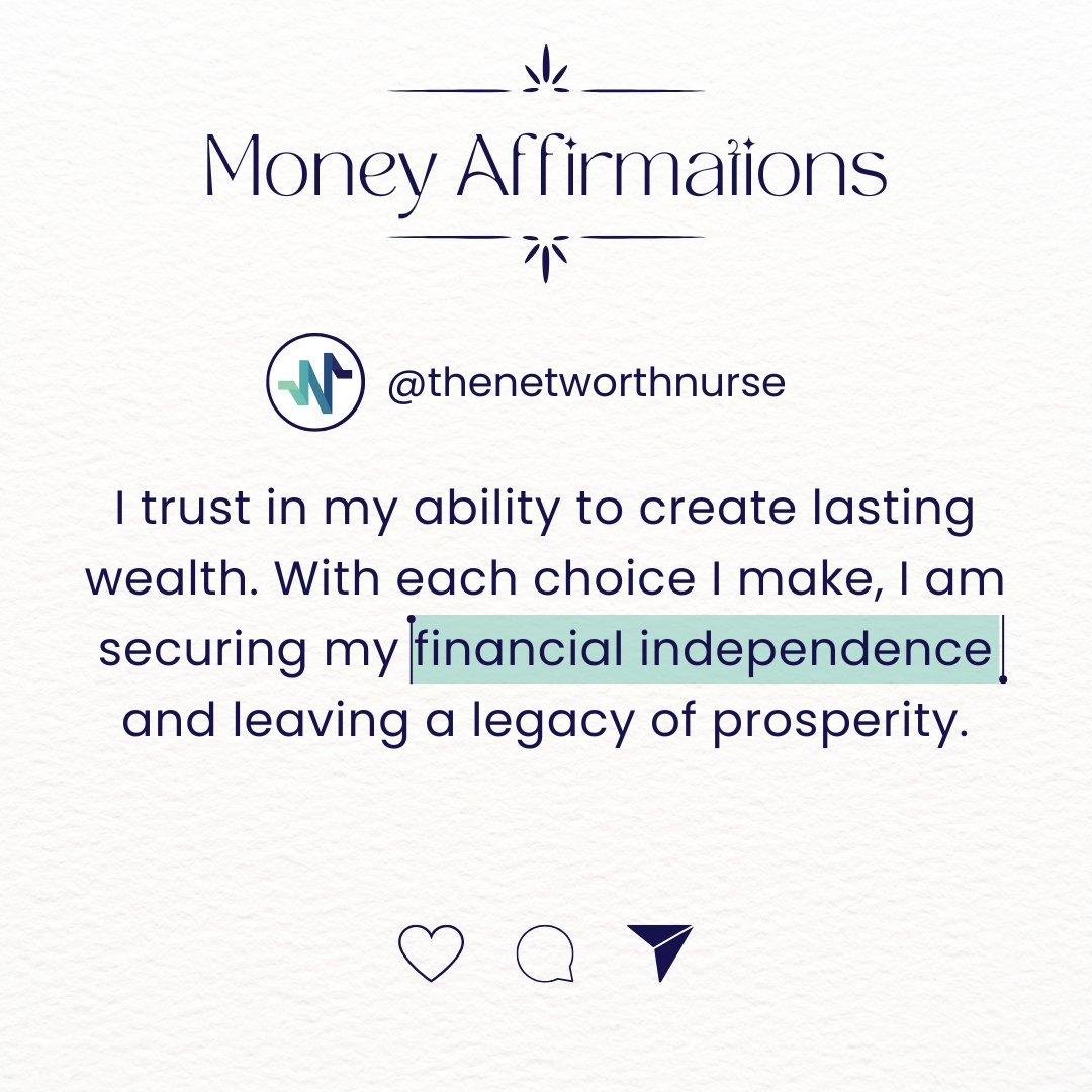 networthnurse's tweet photo. Every choice I make today is a step closer to securing my financial independence tomorrow. Trusting in my ability to create lasting wealth and leave a legacy of prosperity. 💰✨ #FinancialIndependence #LegacyBuilding https://t.co/coRamdzFEu