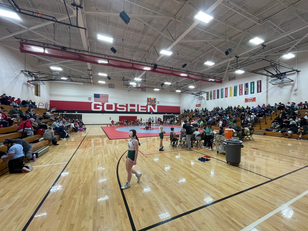GoshenSchools's tweet photo. The Goshen Junior High School wrestling team hosted Discovery Middle School last night—great job to all the wrestlers! Up next, they compete at Concord Junior High this Thursday, February 13. Their next home match is on February 24 against Northwood Middle School. #RedHawkStrong https://t.co/83JCsbsjau