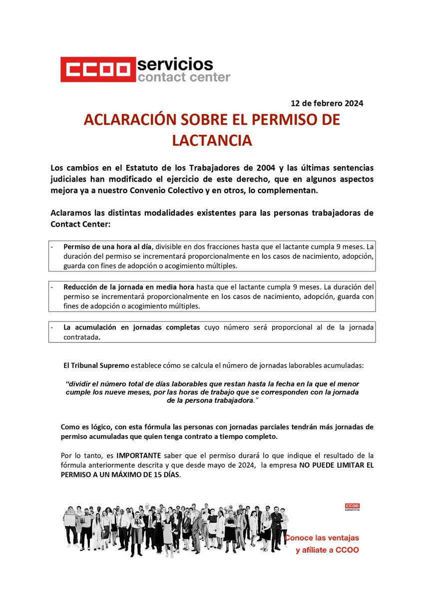 ℹ️En 2023 y 2024 el Gobierno mejoró algunos permisos del ET dejando sin aplicación total o parcial algunos artículos de nuestro Convenio
➡️Es el caso del permiso de lactancia 👶🍼 que se ha  mejorado, en especial, para jornadas parciales
#ContactCenter #25AñosGenerandoDerechos