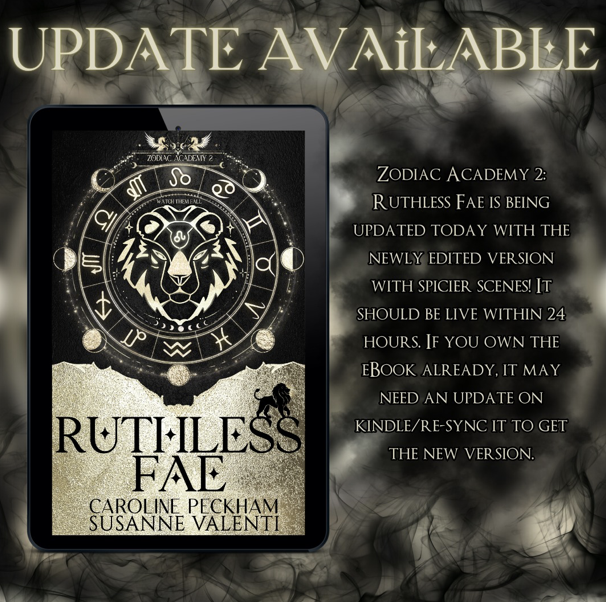 CPeckhamauthor's tweet photo. ✨🦁 Zodiac Academy 2: Ruthless Fae is being updated as we speak with the new, spicier edit!! It could take up to 24 hours for Amazon to do the update. If you already own the ebook and it doesn't update automatically, go ahead and manually sync it to the new version and enjoy! https://t.co/QZf8nXQP7l