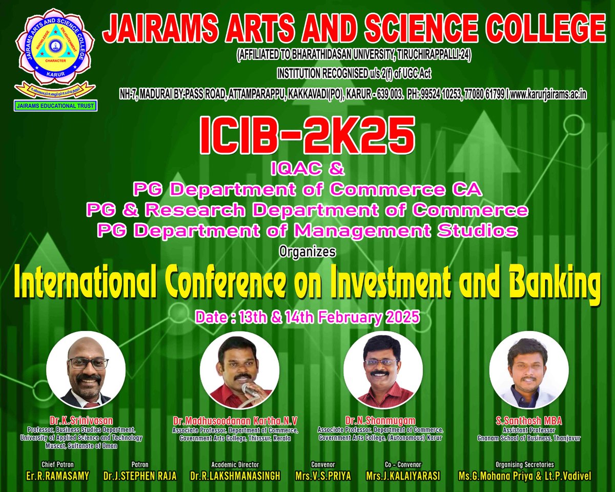 vadivelpvs's tweet photo. #International #conference on #investment and #Banking ( #ICIB-2025 ) at #Jairams Arts and Science College #Karur
Organized by
IQAC,
PG Department of #Commerce (CA),
PG and Research Department of Commerce, and
PG Department of #Management #Studies
#JASCK #JairamsCollegeKarur https://t.co/JKrRjzWqbP