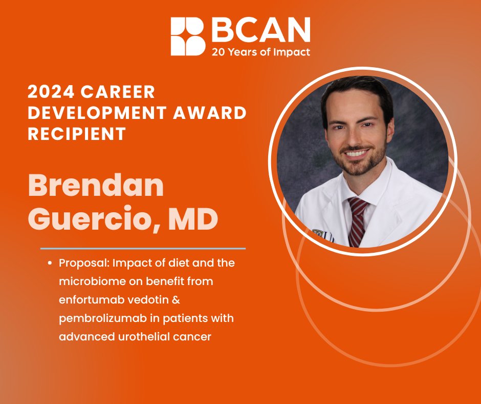 Bladder Cancer Advocacy Network (@bladdercancerus) on Twitter photo BCAN's 2nd 2024 Career Development Award recipient is <a href="/BrendanGuercio/">Brendan Guercio</a>. Dr. Guercio will examine examine if a high-fiber low-fructose diet & gut bacteria improve responses to EV + pembro in advanced bladder cancer. Click to learn more: bcan.org/bcan-announces… BCAN's 2nd 2024 Career Development Award recipient is <a href="/BrendanGuercio/">Brendan Guercio</a>. Dr. Guercio will examine examine if a high-fiber low-fructose diet & gut bacteria improve responses to EV + pembro in advanced bladder cancer. Click to learn more: bcan.org/bcan-announces…