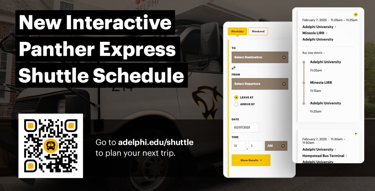 Adelphi Public Safety & Transportation (@au_publicsafety) on Twitter photo A modernized Panther Express Shuttle schedule is here! Adelphi’s new interactive shuttle schedule lets you view current routes, check schedules in real-time, and plan ahead with a trip scheduler—just like the Long Island Rail Road (LIRR) app. <a href="/AdelphiU/">Adelphi University</a> adelphi.edu/safety-transpo… A modernized Panther Express Shuttle schedule is here! Adelphi’s new interactive shuttle schedule lets you view current routes, check schedules in real-time, and plan ahead with a trip scheduler—just like the Long Island Rail Road (LIRR) app. <a href="/AdelphiU/">Adelphi University</a> adelphi.edu/safety-transpo…