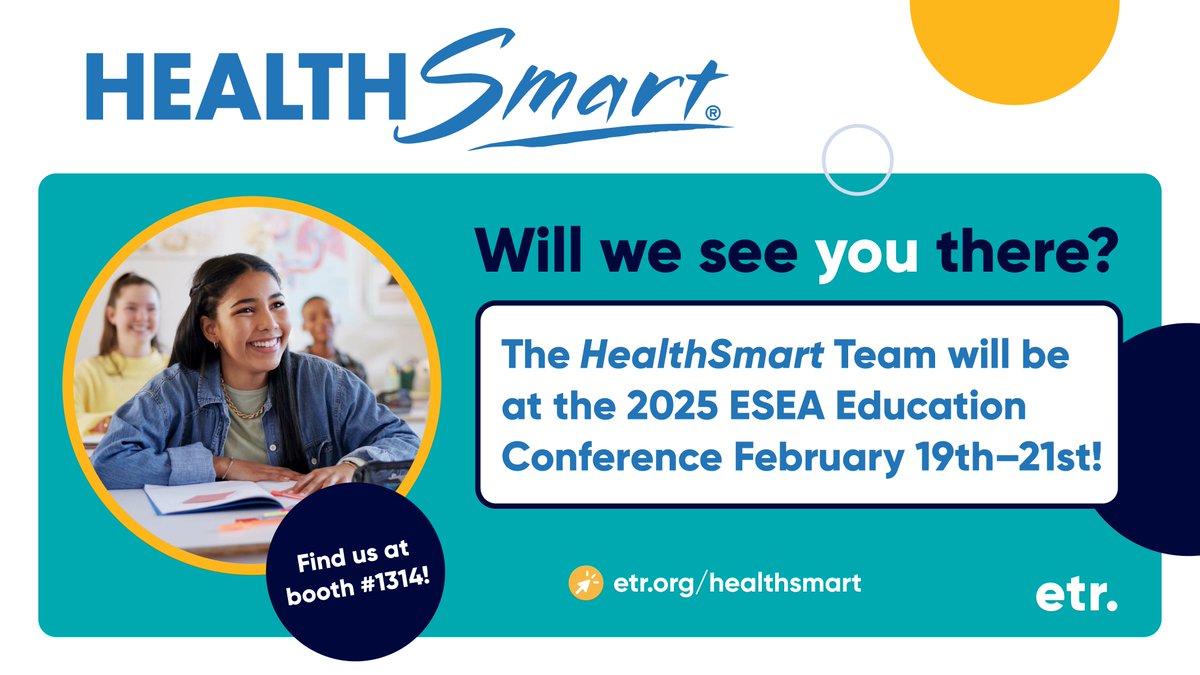 ETR (@etrorg) on Twitter photo Our <a href="/HealthSmartK12/">HealthSmart K-12</a> team is excited to connect with you at the <a href="/ESEA_network/">ESEA Network</a> Conference next week. Come check us out at Booth #1314! Our experts are ready to discuss our customizable, skills-based, K-12 #HealthEd curriculum that develops & supports healthy behaviors. #PhysEd Our <a href="/HealthSmartK12/">HealthSmart K-12</a> team is excited to connect with you at the <a href="/ESEA_network/">ESEA Network</a> Conference next week. Come check us out at Booth #1314! Our experts are ready to discuss our customizable, skills-based, K-12 #HealthEd curriculum that develops & supports healthy behaviors. #PhysEd