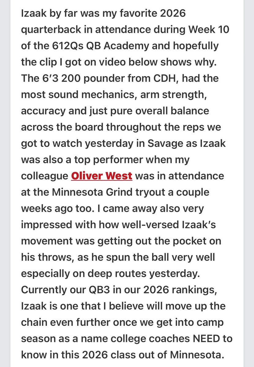 Izaak Johnson 2026 QB (@izaakjohnson16) on Twitter photo Thanks for the write up!
<a href="/CDH_Football/">CDH Football</a> <a href="/NWahlScouting/">Nate Wahl</a> <a href="/612Qs/">612 Quarterbacks</a> <a href="/mn_grind/">Minnesota Grind 7v7 βοΈ</a> Thanks for the write up!
<a href="/CDH_Football/">CDH Football</a> <a href="/NWahlScouting/">Nate Wahl</a> <a href="/612Qs/">612 Quarterbacks</a> <a href="/mn_grind/">Minnesota Grind 7v7 βοΈ</a>