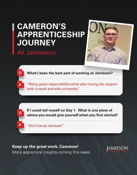 As National Apprenticeship Week continues, we’re checking in with Cameron about his experience so far

👉 Q: If I could tell myself on Day 1. What is one piece of advice you would give yourself when you first started? 
Don’t be so nervous!
#NationalApprenticeshipWeek #jamiesonway