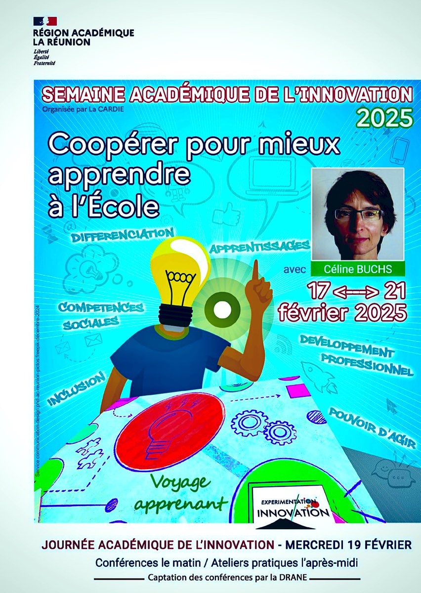 CardieReunion's tweet photo. Semaine académique de l’innovation dans l’@AcLaReunion avec Céline Buchs, docteure en psychologie sociale et spécialiste des pédagogies coopératives. 
Livret du participant : https://t.co/wYSt8bBC6S  
Message de Mme Buchs : https://t.co/pEJg9qYVvg

#SAI974 @dmichel974 https://t.co/IhEcpGC8u3