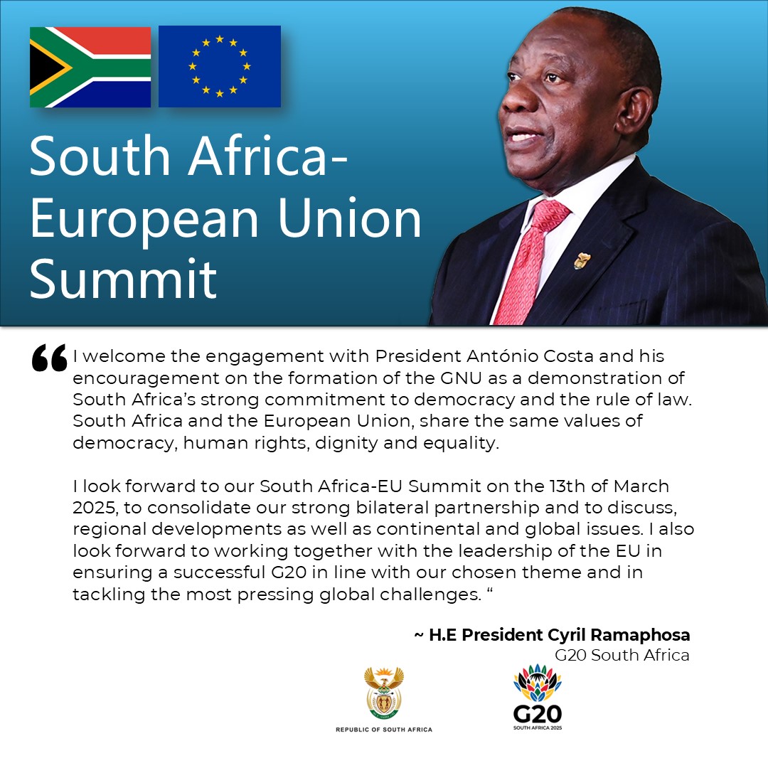 DIRCO_ZA's tweet image. #SouthAfrica🇿🇦 will host the SA-EU Summit scheduled to take place on the 13th of March 2025. 

South Africa is the only African country amongst the EU’s 10 bilateral strategic partners. 

#ReKaofela
#G20SouthAfrica
#SAandEURelations🇿🇦🇪🇺
#BetterAfricaBetterWorld