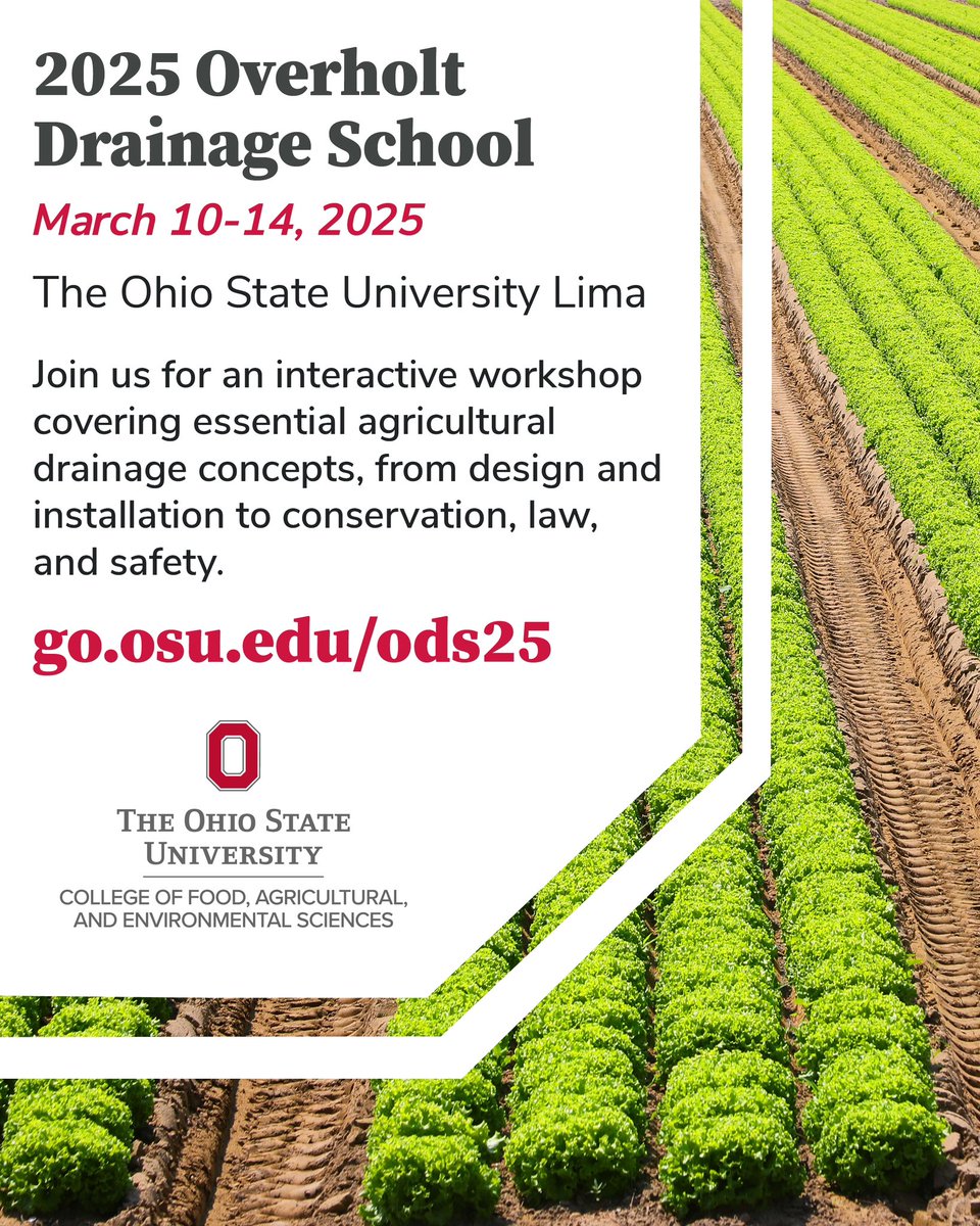 Register for the 2025 Overholt Drainage School today! 🌾💧

Join experts for an interactive workshop covering all aspects of agricultural drainage ⬇️

go.osu.edu/ods25