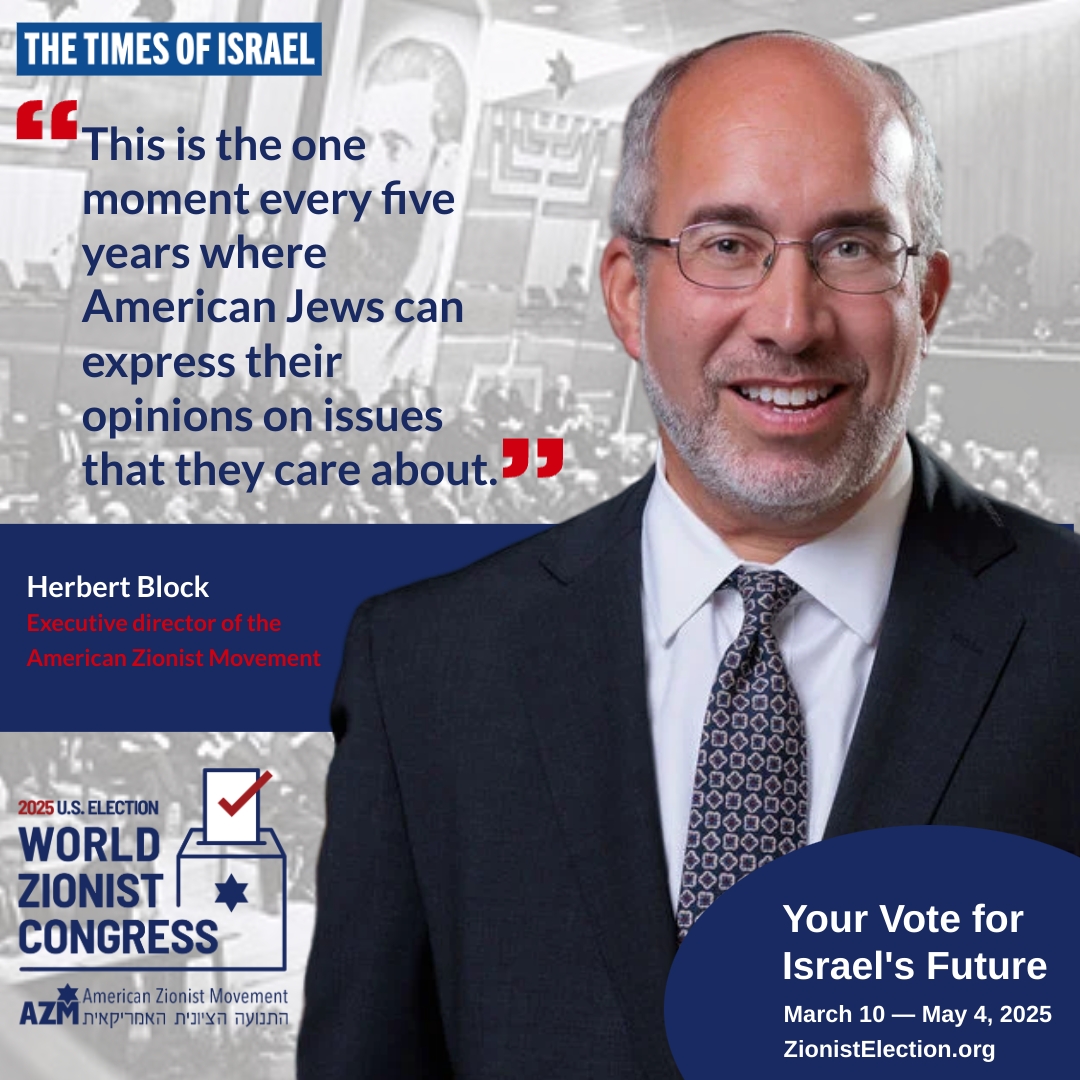 AZM4Israel's tweet image. This is the one moment every five years where American Jews can express their opinions on issues that they care about,” said @herblock , AZM’s Executive Director, in conversation with @TimesofIsrael about the upcoming U.S. voting in the World Zionist Congress election.

With the…