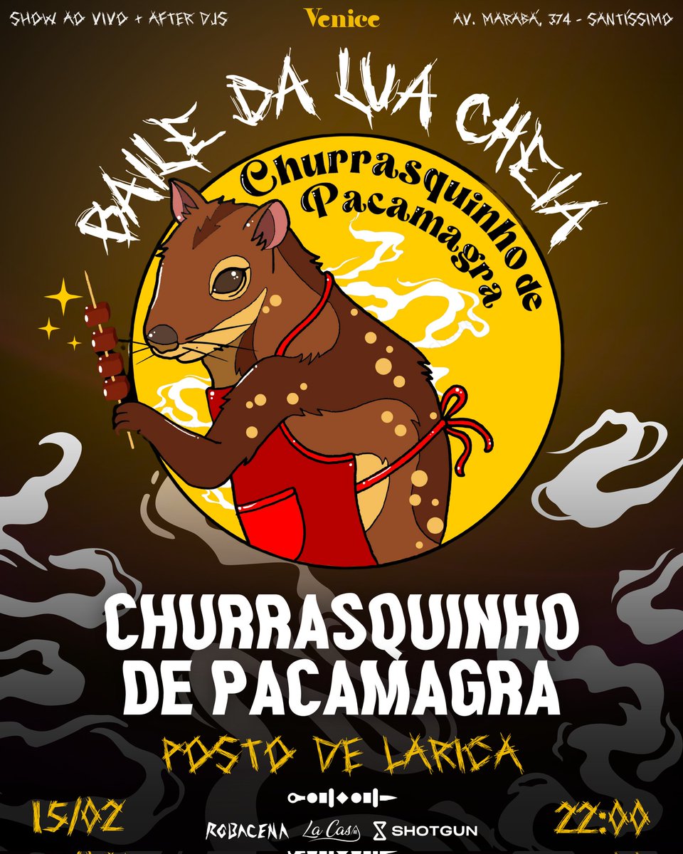 venice_stm's tweet photo. ✨️ A lua cheia ilumina o céu, a música pulsa no coração e o aroma delicioso de churrasco invade o ar!

🌕 É com grande alegria que anunciamos o Posto de Larica do Baile da Lua Cheia, com o irresistível Churrasco de Pacamagra!

🍢 Prepare-se para saborear espetinhos suculentos. https://t.co/xDZZGxZpuy