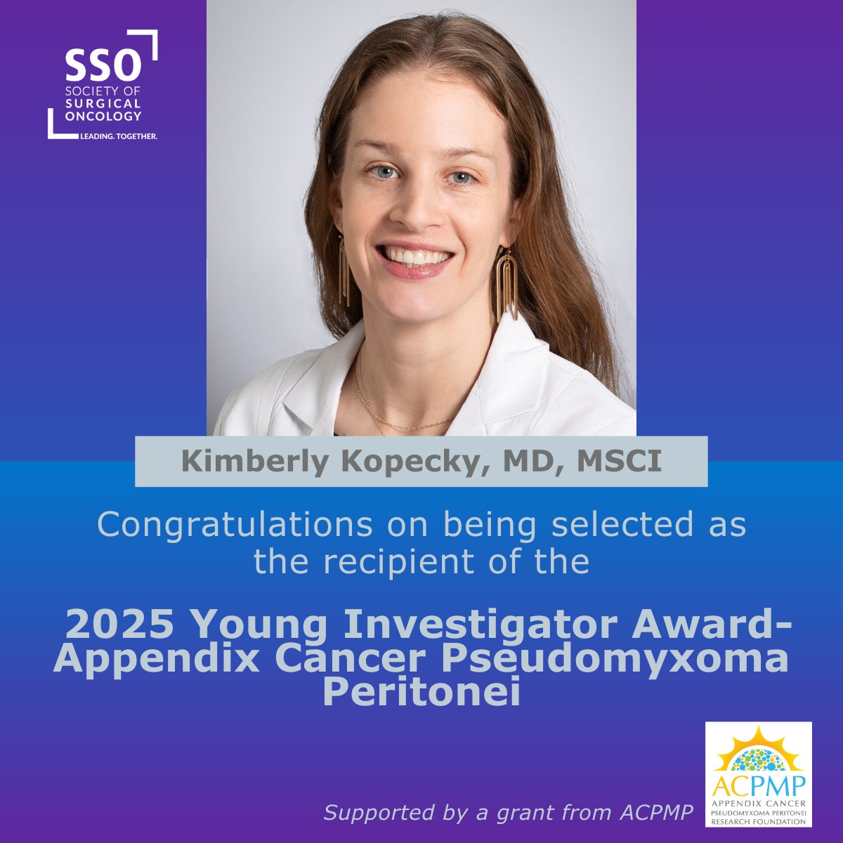 Appendix Cancer PMP Research Foundation (@acpmpresearch) on Twitter photo Thanks to the generosity of our donors, ACPMP is proud to fund two 2025 <a href="/SocSurgOnc/">Society of Surgical Oncology</a> research grants focused solely on #appendixcancer & PMP, including one brand new & significant $100K grant!
Congrats to all recipients of the 2025 SSO Research Grants! Thanks to the generosity of our donors, ACPMP is proud to fund two 2025 <a href="/SocSurgOnc/">Society of Surgical Oncology</a> research grants focused solely on #appendixcancer & PMP, including one brand new & significant $100K grant!
Congrats to all recipients of the 2025 SSO Research Grants!