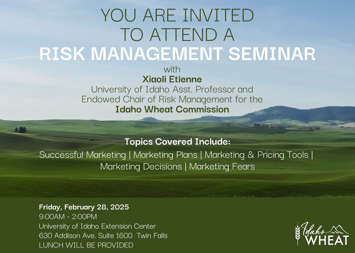 For growers in the following counties, join us for a Risk Management Seminar!
Ada   Blaine   Camas   Canyon
Cassia   Elmore   Gooding   Jerome
Lincoln   Minidoka   Owyhee   Twin Falls

Sign up using the link below. 

docs.google.com/forms/d/1oV5Pn…