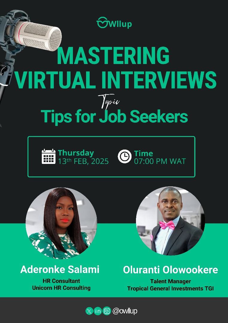 tayooluranti1's tweet photo. Are you ready to ace your virtual interviews?
Join @Owllup on Thurs., Feb., 13, 2025, at 7:00 PM WAT for an insightful session on Mastering Virtual Interviews: Tips for Job Seekers.
🔗Tune in here: https://t.co/FFDkjQPx0d
#Owllup #JobSearch #VirtualInterviews #CareerGrowth https://t.co/KcUOpWEcUr