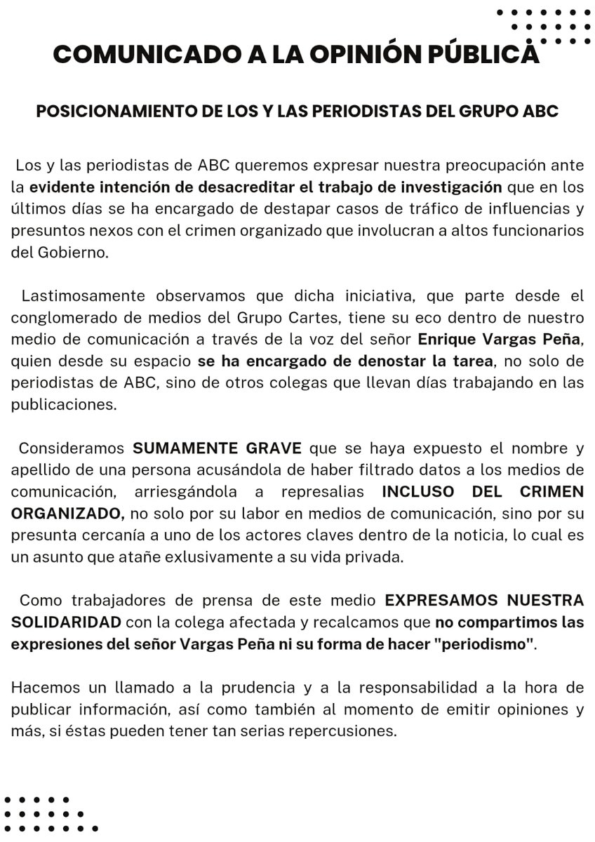 📢 Comunicado de los periodistas de ABC sobre las irresponsables expresiones de Enrique Vargas Peña.