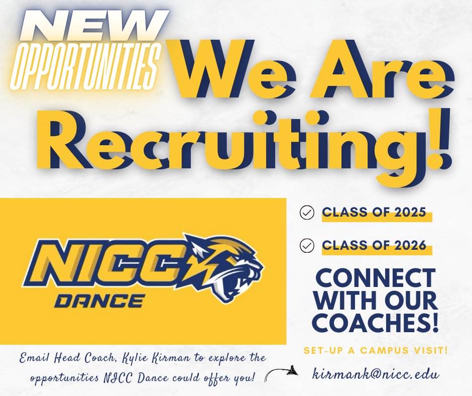 nicc_dance's tweet photo. NEW OPPORTUNITIES!! 🌟

Explore all the NICC Dance can offer you. Connect with our coaching staff! We are still recruiting Class of 2025 &amp; now recruiting the Class of 2026.

Send an email to kirmank@nicc.edu to learn more! 

#gocougars #cdt #niccdance https://t.co/JwUiudXMKn